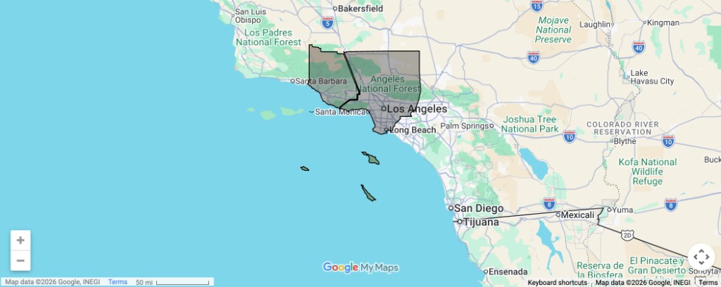 Southern California service area map: coastal and inland region from Santa Barbara through Los Angeles to San Diego
